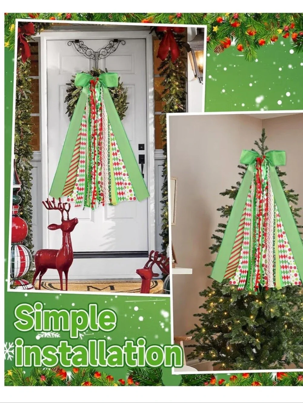 Green Red White Holiday Bow Door Hanger. NWT.